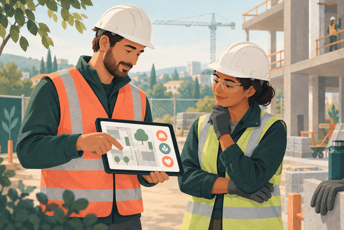 Deux professionnels consultent une formation ScanRisk sur le chantier
